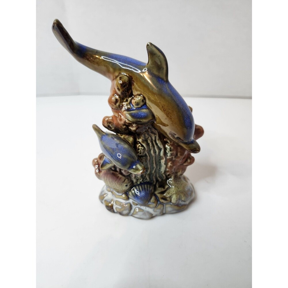 Vintage Ceramic 2 Playful Dolphins Coral Reef Ocean Fantasy 5" Tall